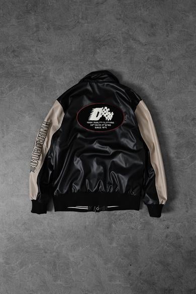 Erkek Bej Garnili Racing Biker Nakışlı Astarlı Deri Ceket