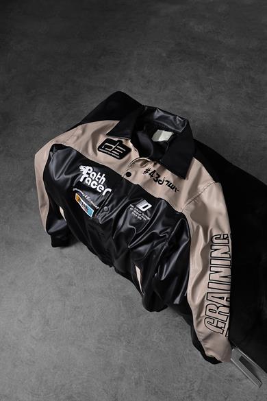 Erkek Bej Garnili Racing Biker Nakışlı Astarlı Deri Ceket