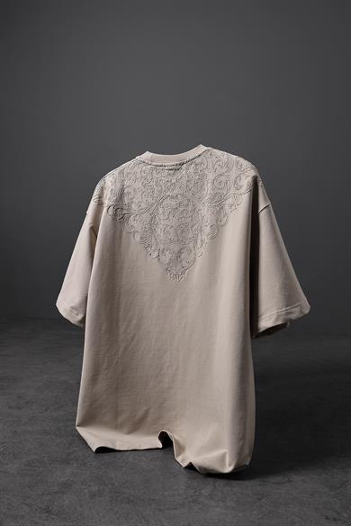 Erkek Bej Goodly Yaka Nakışlı Tona Ton Oversize Tshirt