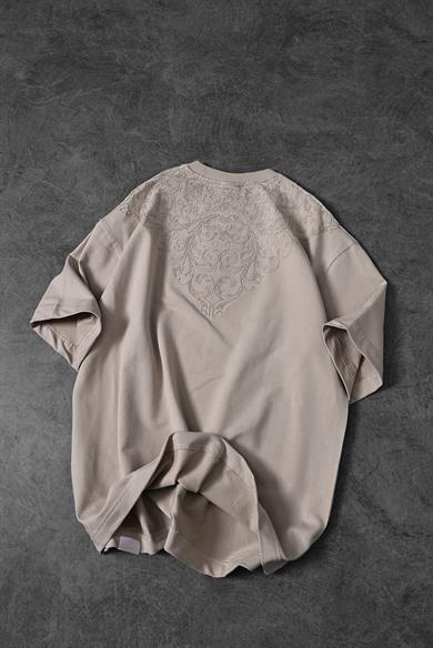 Erkek Bej Goodly Yaka Nakışlı Tona Ton Oversize Tshirt