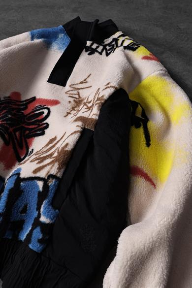 Erkek Bej Grafiti Baskılı Yarım Fermuar Oversize Peluş Sweatshirt