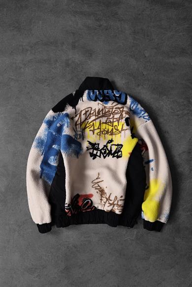 Erkek Bej Grafiti Baskılı Yarım Fermuar Oversize Peluş Sweatshirt