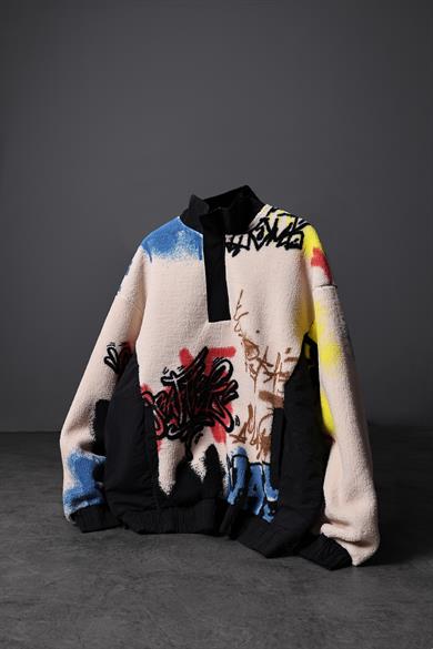 Erkek Bej Grafiti Baskılı Yarım Fermuar Oversize Peluş Sweatshirt
