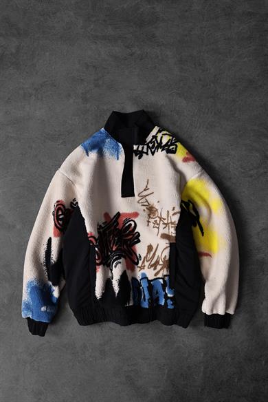 Erkek Bej Grafiti Baskılı Yarım Fermuar Oversize Peluş Sweatshirt