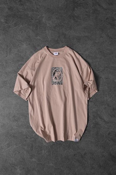 Erkek Bej İndefinite Nakışlı Oversize Tshirt