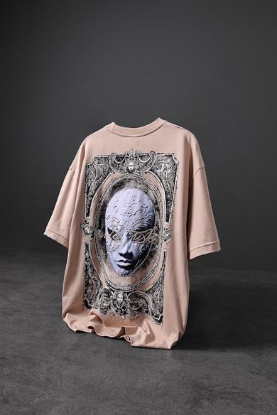 Erkek Bej İndefinite Nakışlı Oversize Tshirt