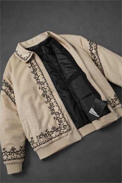 Erkek Bej IVY Nakışlı Bomber Ceket