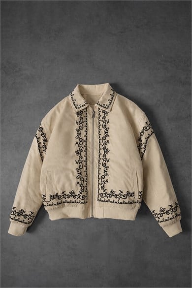 Erkek Bej IVY Nakışlı Bomber Ceket