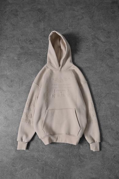 Erkek Bej Kabartma Baskı Kapüşonlu Oversize Sweatshirt