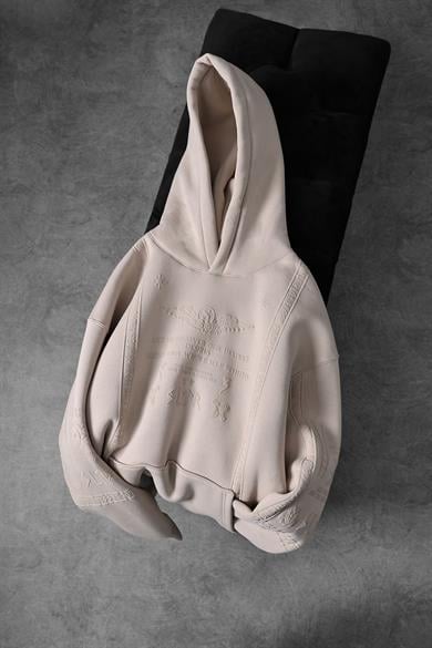 Erkek Bej Kabartma Baskı Kapüşonlu Oversize Sweatshirt