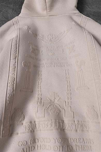 Erkek Bej Kabartma Baskı Kapüşonlu Oversize Sweatshirt