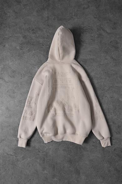 Erkek Bej Kabartma Baskı Kapüşonlu Oversize Sweatshirt