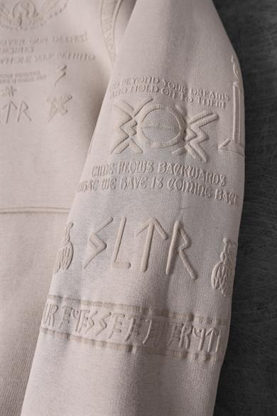 Erkek Bej Kabartma Baskı Kapüşonlu Oversize Sweatshirt