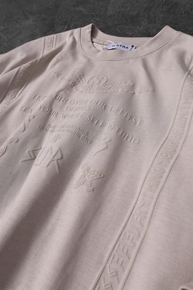 Erkek Bej Kabartma Baskı Oversize Tshirt