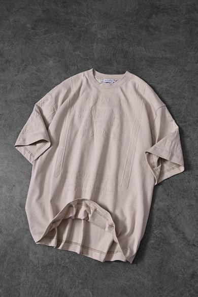 Erkek Bej Kabartma Baskı Oversize Tshirt