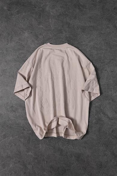 Erkek Bej Kabartma Baskı Oversize Tshirt