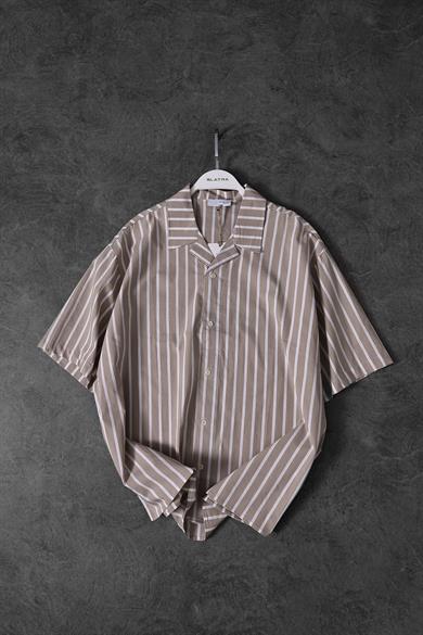 Erkek Bej Kalın Çizgili Oversize Kısa Kollu Gömlek