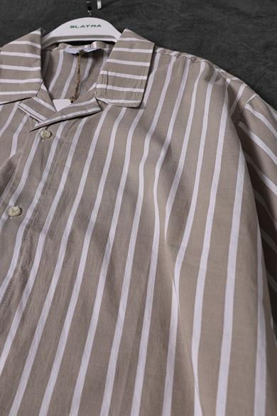 Erkek Bej Kalın Çizgili Oversize Kısa Kollu Gömlek