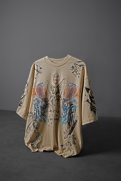 Erkek Bej La Familia Es Todo Oversize Tshirt