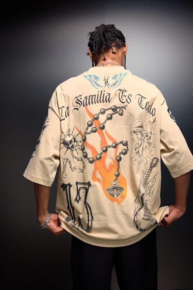 Erkek Bej La Familia Es Todo Oversize Tshirt