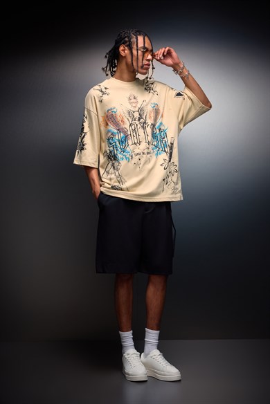 Erkek Bej La Familia Es Todo Oversize Tshirt