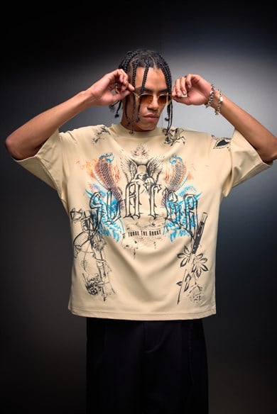 Erkek Bej La Familia Es Todo Oversize Tshirt