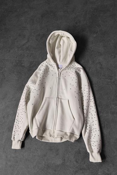 Erkek Bej Nakış Detay Full Zip Oversize Kapüşonlu Sweatshirt