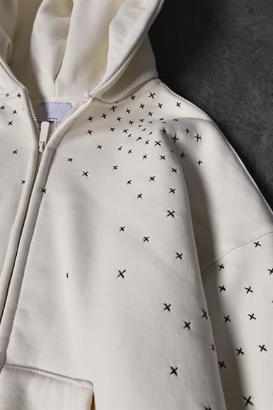 Erkek Bej Nakış Detay Full Zip Oversize Kapüşonlu Sweatshirt