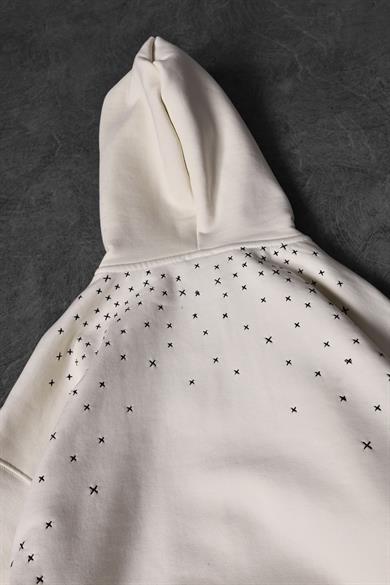 Erkek Bej Nakış Detay Full Zip Oversize Kapüşonlu Sweatshirt