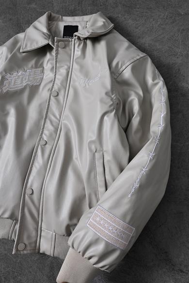 Erkek Bej Nakış İşlemeli Ekstra Dolumlu Fermuarlı Bomber Deri Ceket