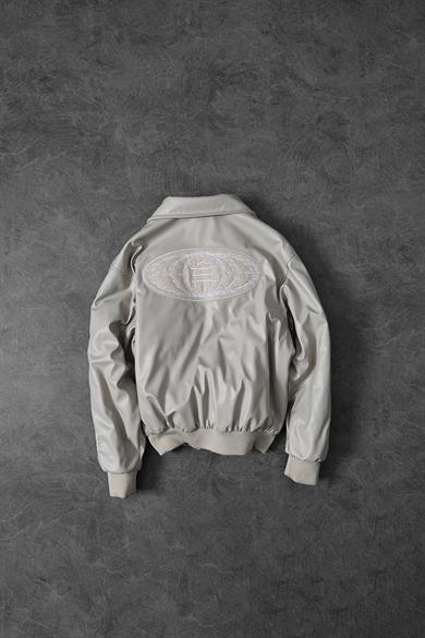 Erkek Bej Nakış İşlemeli Ekstra Dolumlu Fermuarlı Bomber Deri Ceket