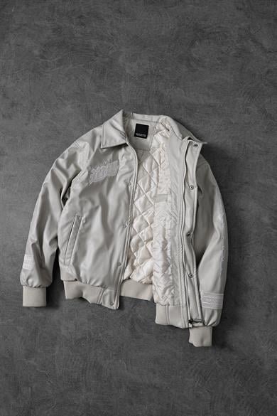 Erkek Bej Nakış İşlemeli Ekstra Dolumlu Fermuarlı Bomber Deri Ceket