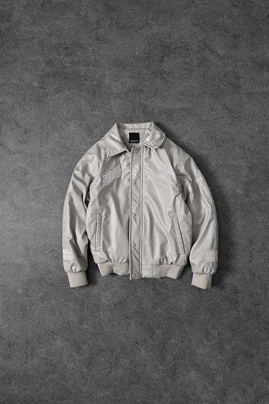 Erkek Bej Nakış İşlemeli Ekstra Dolumlu Fermuarlı Bomber Deri Ceket