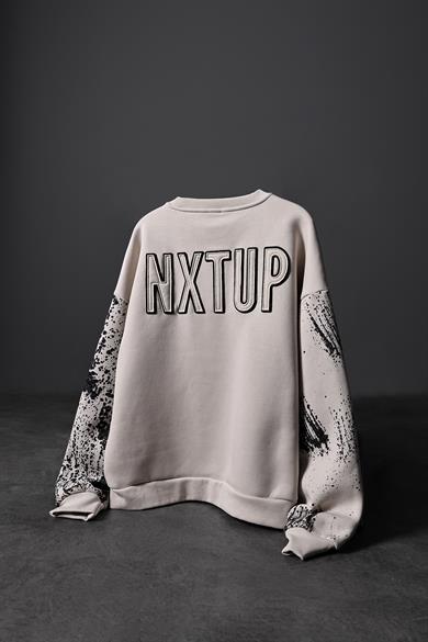 Erkek Bej Nxtup Nakışlı Kol Detay Oversize Sweatshirt