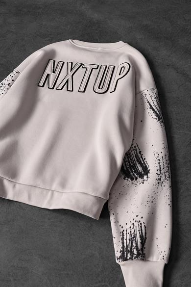 Erkek Bej Nxtup Nakışlı Kol Detay Oversize Sweatshirt