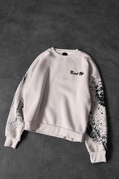 Erkek Bej Nxtup Nakışlı Kol Detay Oversize Sweatshirt