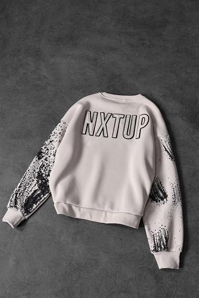 Erkek Bej Nxtup Nakışlı Kol Detay Oversize Sweatshirt
