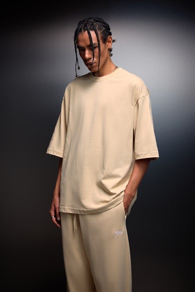 Erkek Bej Oversize Basic Tshirt