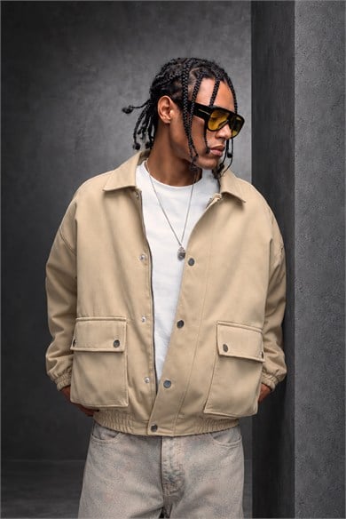 Erkek Bej Oversize Cepli Gabardin Ceket