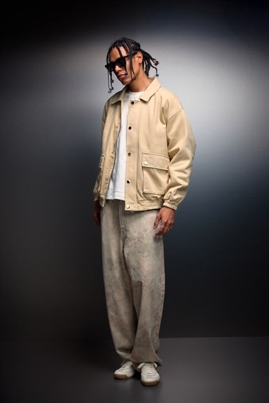 Erkek Bej Oversize Cepli Gabardin Ceket