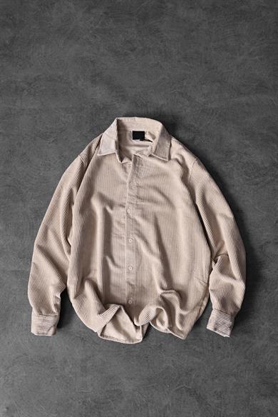 Erkek Bej Oversize Kadife Kumaş Gömlek