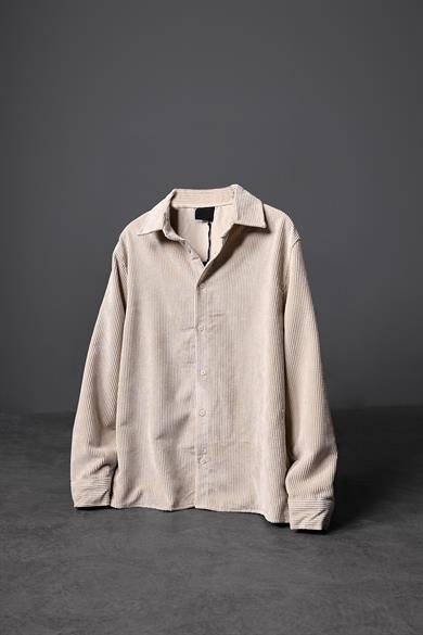 Erkek Bej Oversize Kadife Kumaş Gömlek