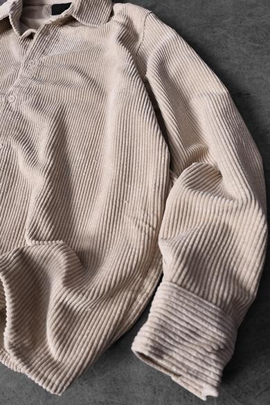 Erkek Bej Oversize Kadife Kumaş Gömlek