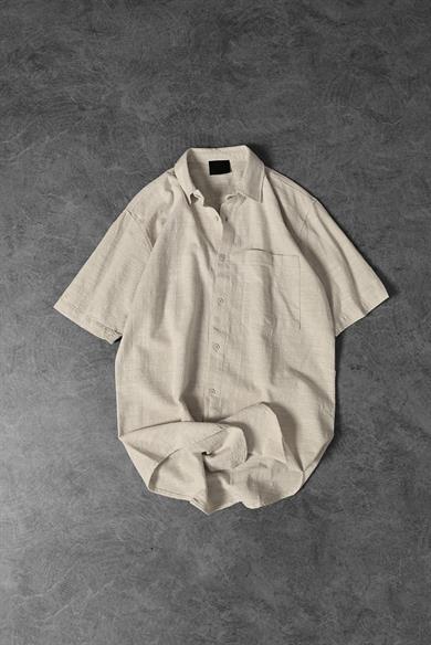 Erkek Bej Oversize Kısa Kollu Keten Gömlek