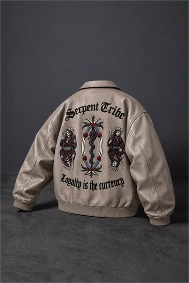 Erkek Bej Serpent Tribe Nakışlı Bomber Deri Ceket