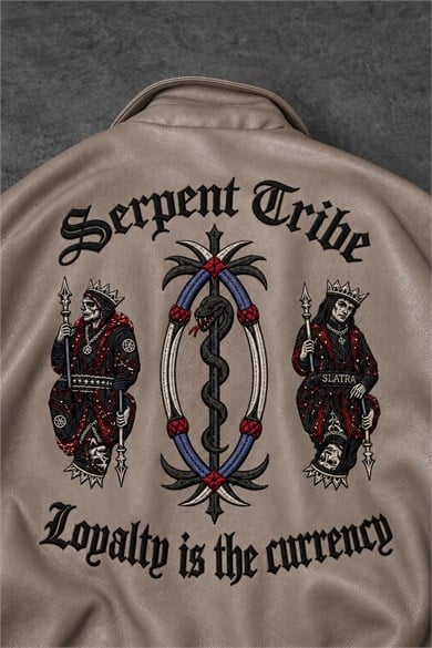 Erkek Bej Serpent Tribe Nakışlı Bomber Deri Ceket
