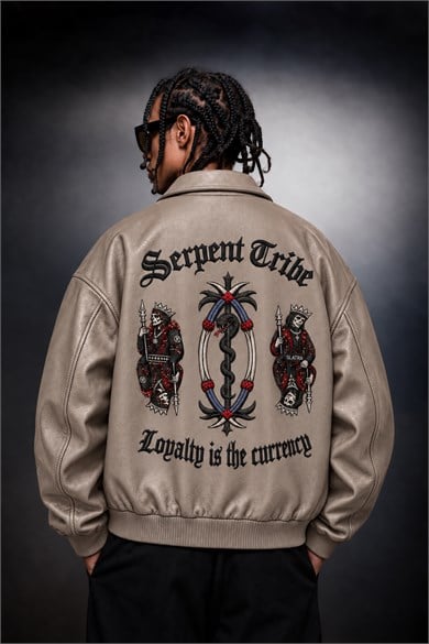 Erkek Bej Serpent Tribe Nakışlı Bomber Deri Ceket