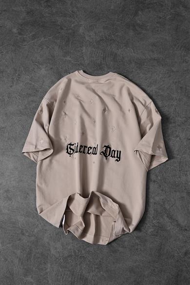 Erkek Bej Sidereal Day Nakışlı Oversize Tshirt