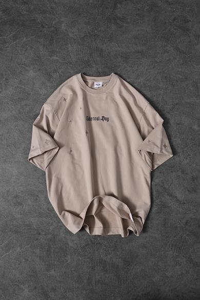 Erkek Bej Sidereal Day Nakışlı Oversize Tshirt
