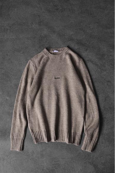 Erkek Bej Silence Nakışlı Yün Karışımlı Bisiklet Yaka Oversize Kazak